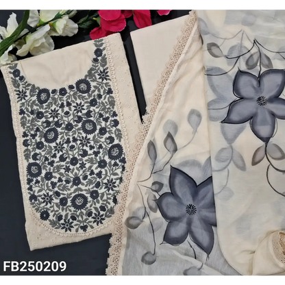 CODE FB250209: Half white schiffli embroidered cotton unstitched salwar material grey floral embroidered on yoke(lining
