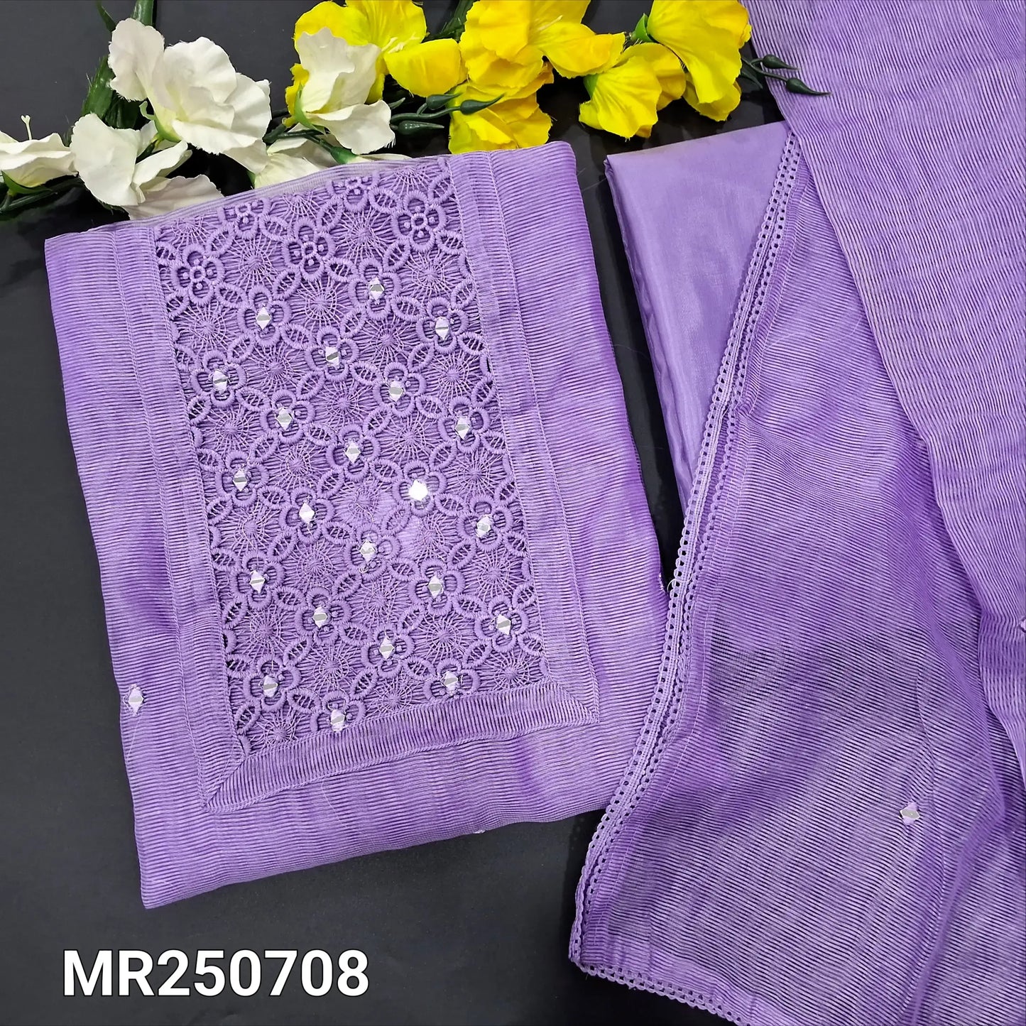Buy Lavender Fancy Super Net Salwar Material – Mirror & Lace Work