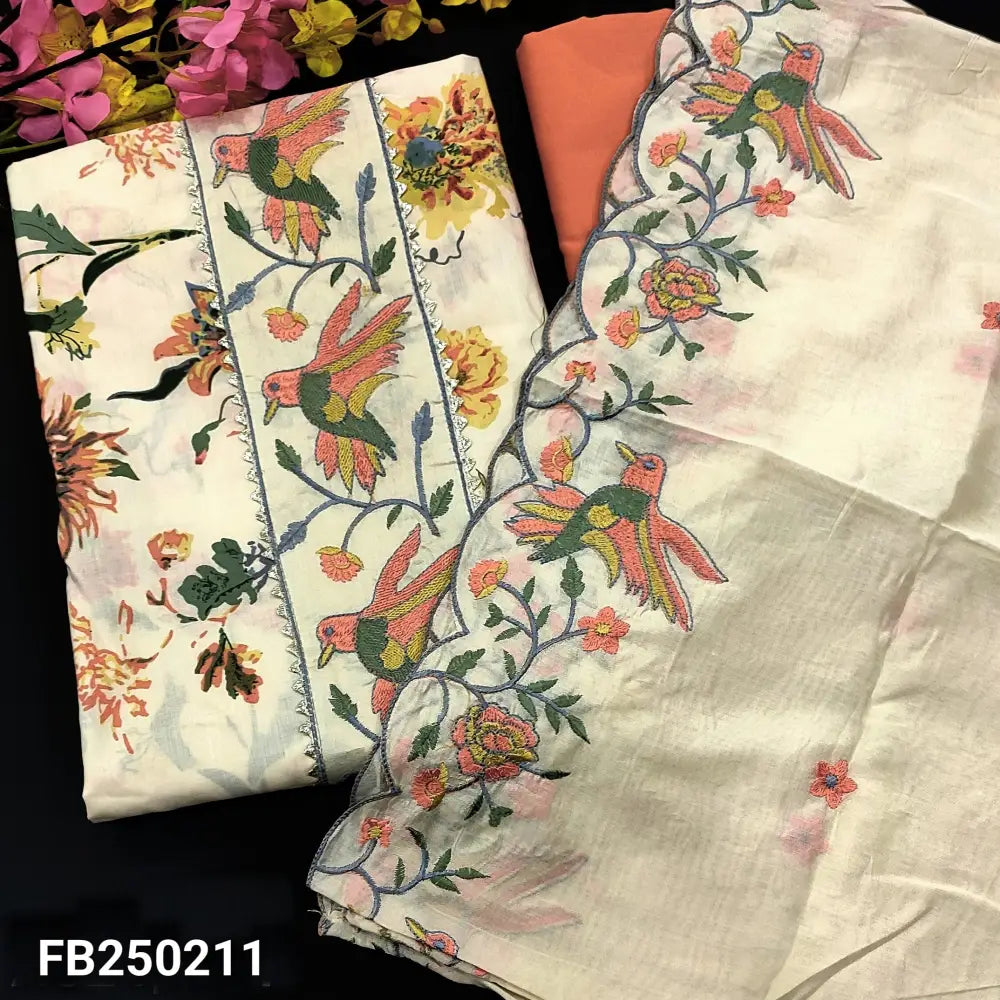 CODE FB250211: Light beige printed silk cotton unstitched salwar material bird embroidered on yoke(lining needed)peach