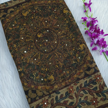 Buy Light Olive Green Madhubani Printed Slub Silk Saree – Faux Mirror