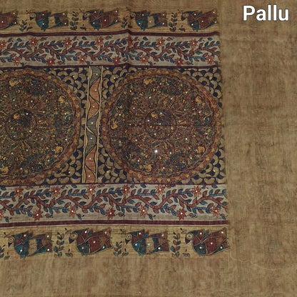 Buy Light Olive Green Madhubani Printed Slub Silk Saree – Faux Mirror