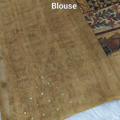 Buy Light Olive Green Madhubani Printed Slub Silk Saree – Faux Mirror