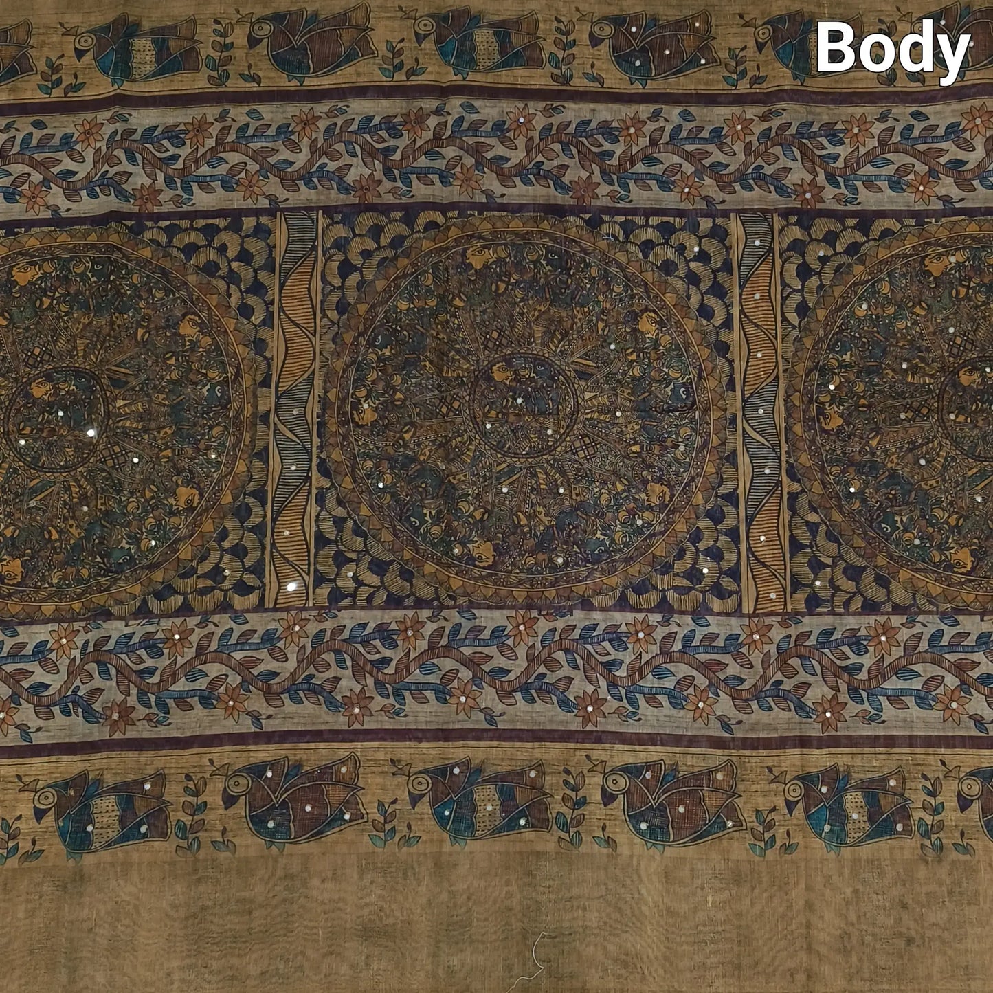 Buy Light Olive Green Madhubani Printed Slub Silk Saree – Faux Mirror