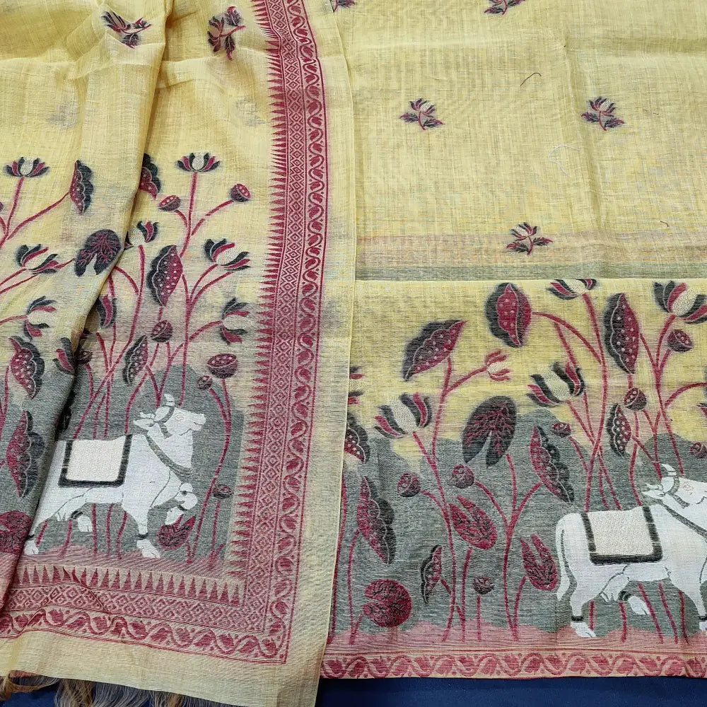 CODE FB250305: Light sandal yellow jamdani woven premium silk cotton unstitched salwar material(thin fabric lining