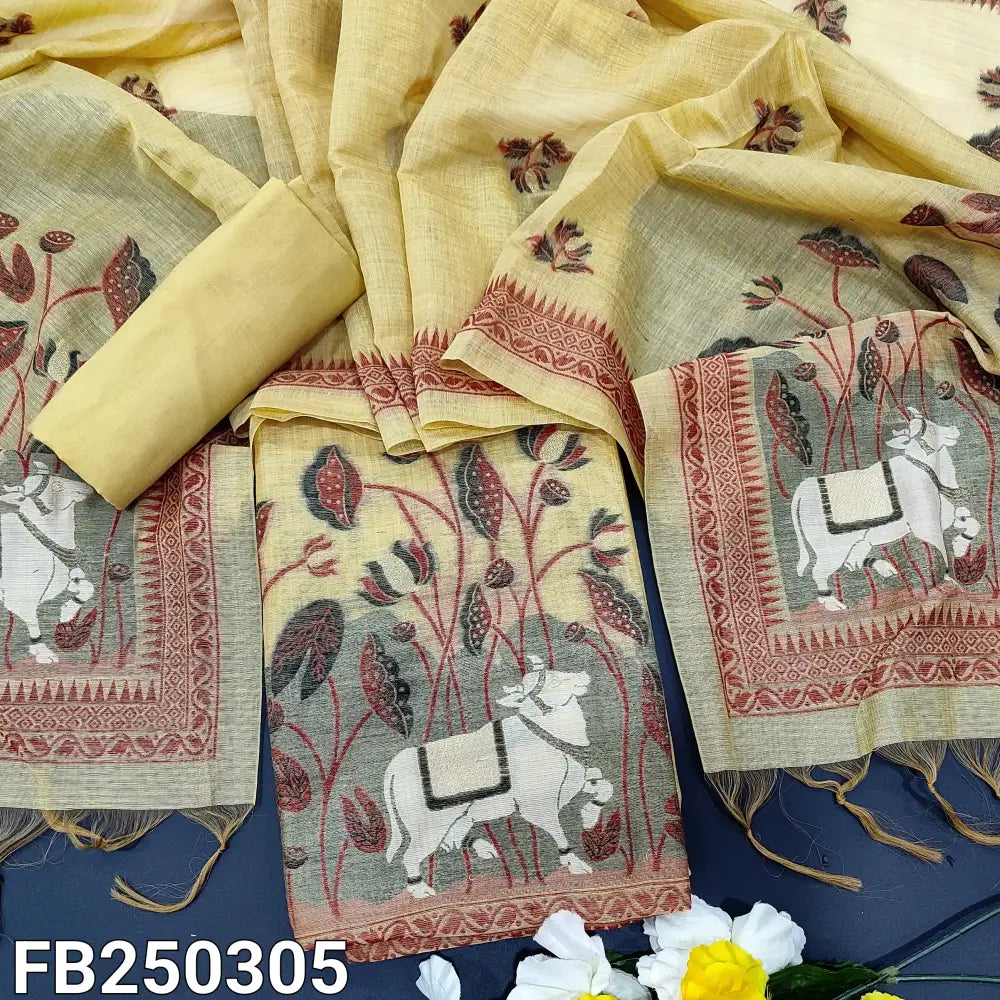 CODE FB250305: Light sandal yellow jamdani woven premium silk cotton unstitched salwar material(thin fabric lining