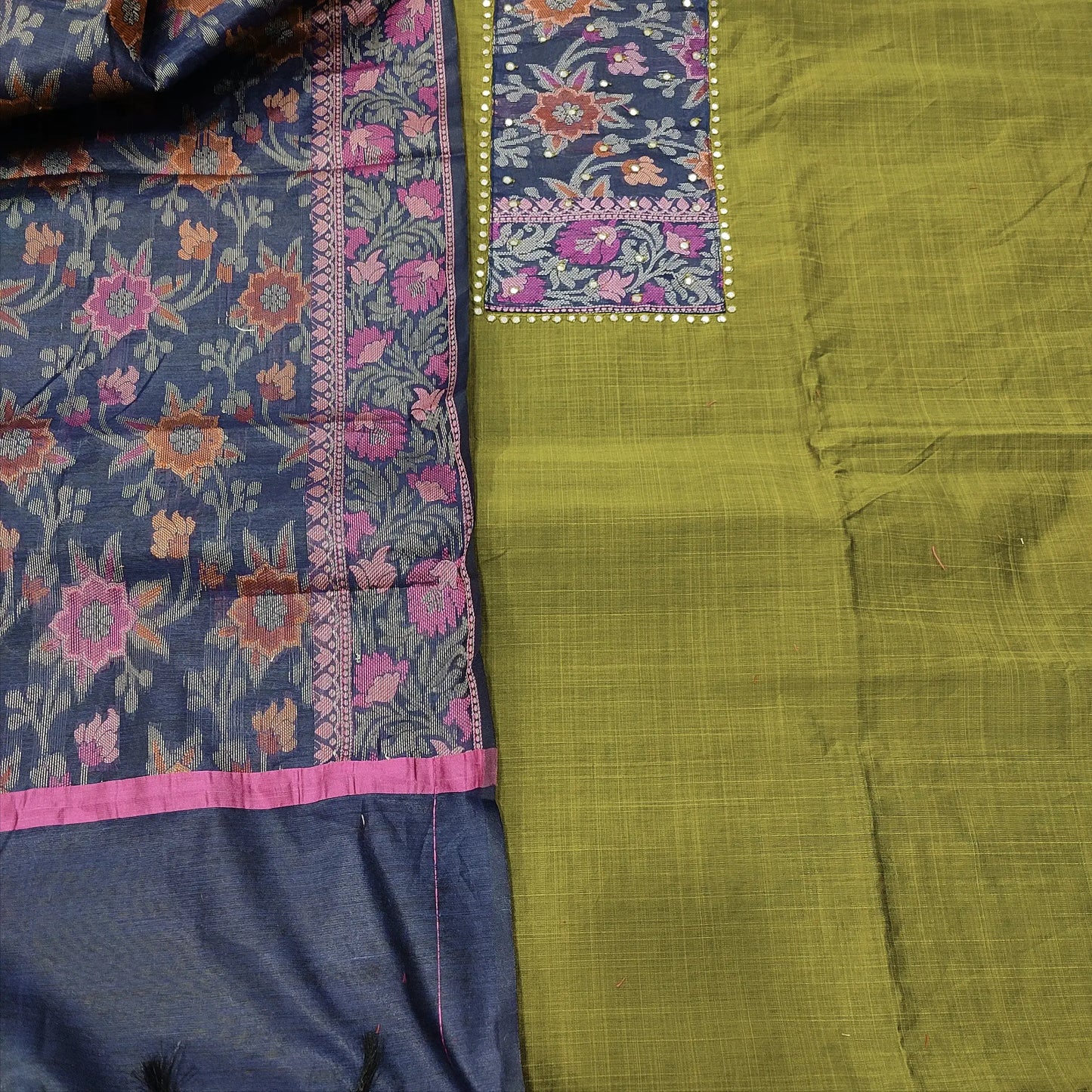 Buy Mossy Green Slub Silk Cotton Salwar Material – Faux Mirror Work