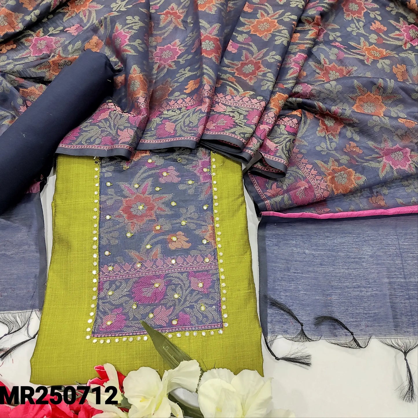 Buy Mossy Green Slub Silk Cotton Salwar Material – Faux Mirror Work