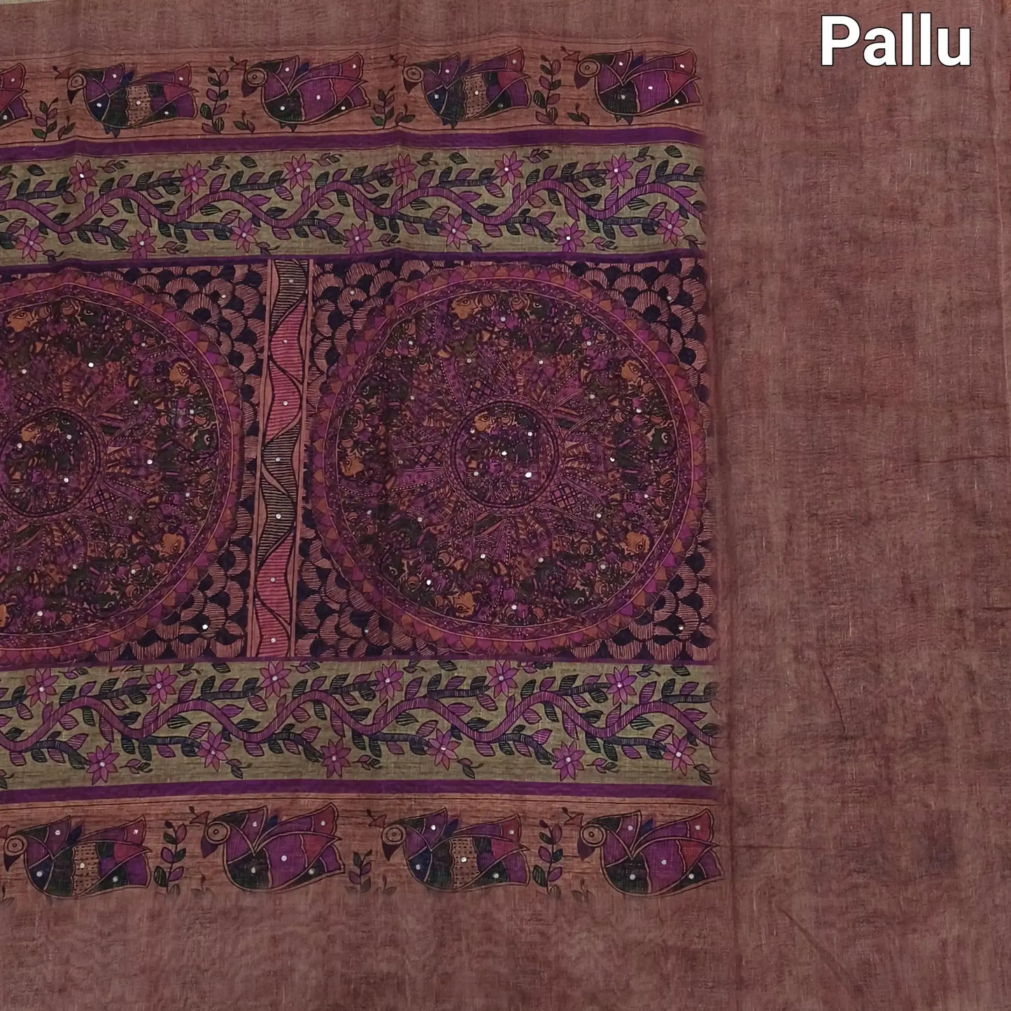 Buy Onion Pink Madhubani Printed Slub Silk Cotton Saree – Faux Mirror Work