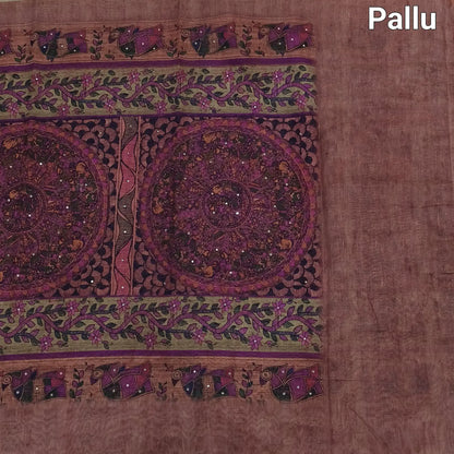 Buy Onion Pink Madhubani Printed Slub Silk Cotton Saree – Faux Mirror Work