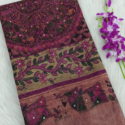 Buy Onion Pink Madhubani Printed Slub Silk Cotton Saree – Faux Mirror Work