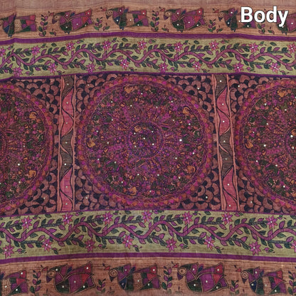 Buy Onion Pink Madhubani Printed Slub Silk Cotton Saree – Faux Mirror Work