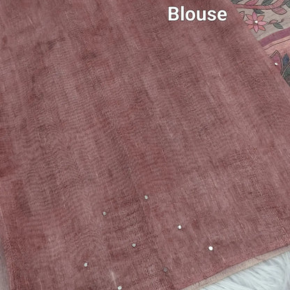 Buy Onion Pink Madhubani Printed Slub Silk Cotton Saree – Faux Mirror Work