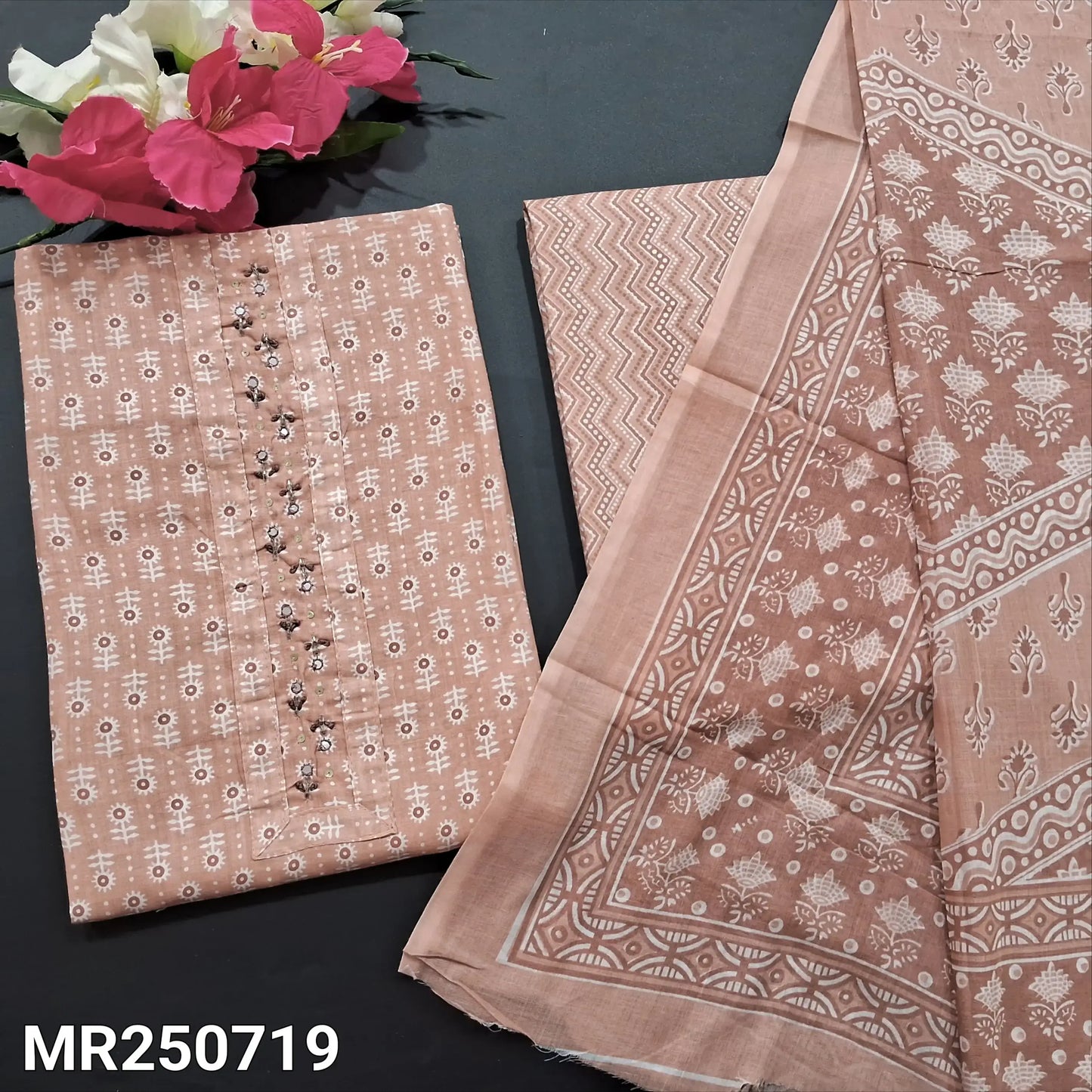 Buy Pale Pink Printed Cotton Salwar Material – Bead & Mirror Work