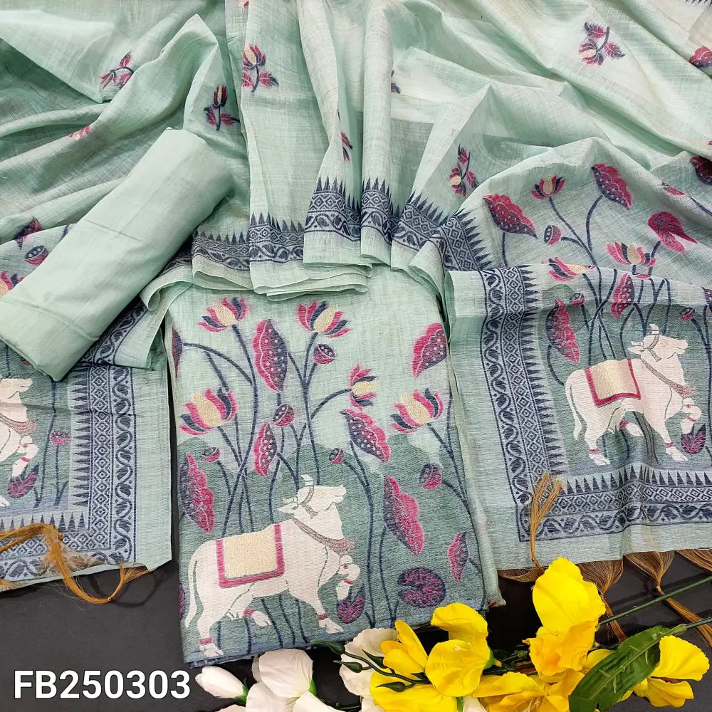 CODE FB250303: Pastel blue jamdani woven premium silk cotton unstitched salwar material(thin fabric lining