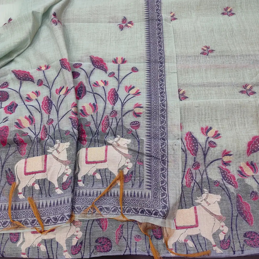 CODE FB250303: Pastel blue jamdani woven premium silk cotton unstitched salwar material(thin fabric lining