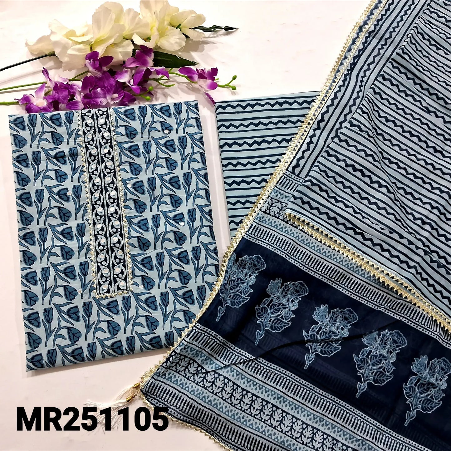 Buy Pastel Blue Printed Cotton Dress Material Online - Neidhal