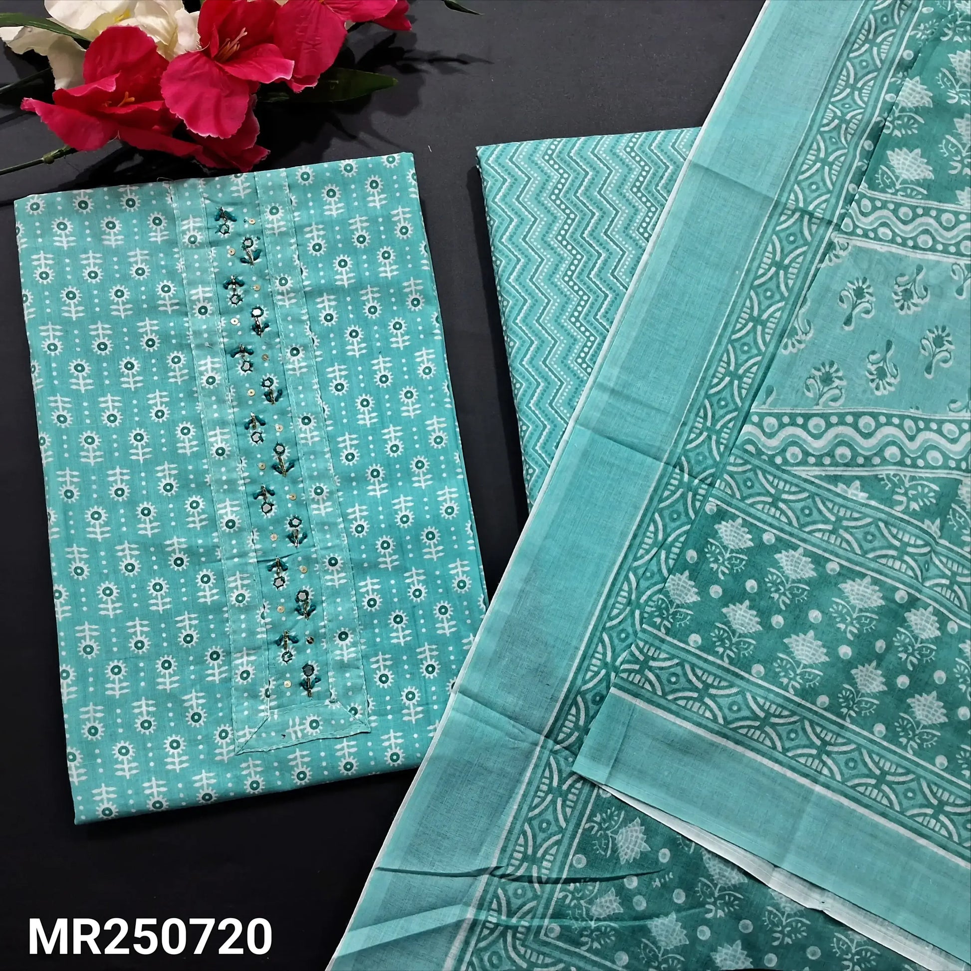 Buy Pastel Blue Printed Cotton Salwar Material – Bead & Mirror Work