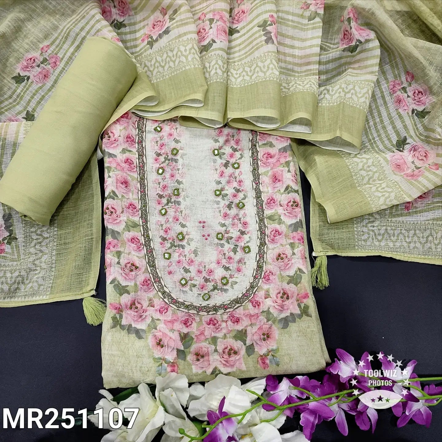 Buy Pastel Green Abstract Linen Dress Material Online - Neidhal