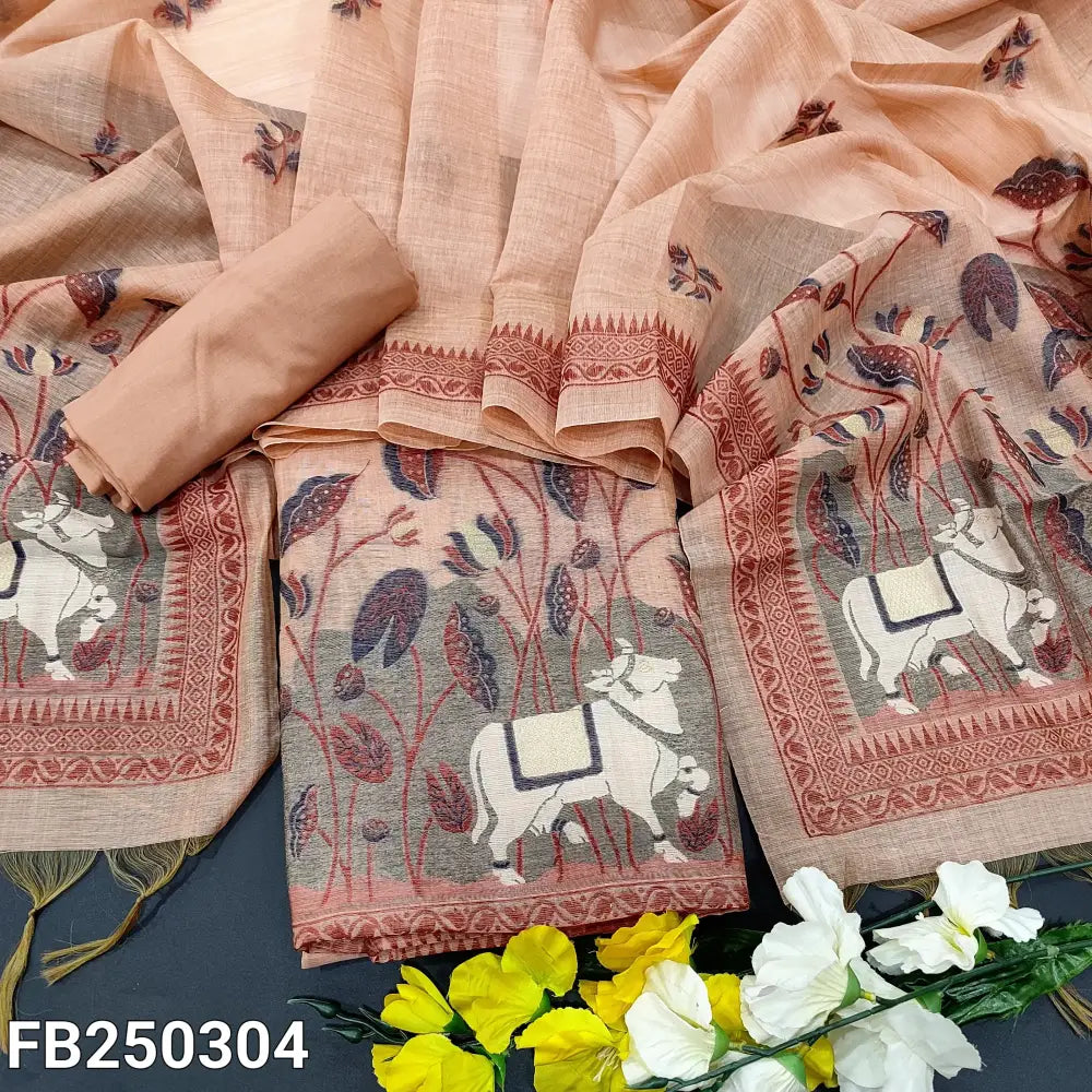 CODE FB250304: Pastel peach jamdani woven premium silk cotton unstitched salwar material(thin fabric lining