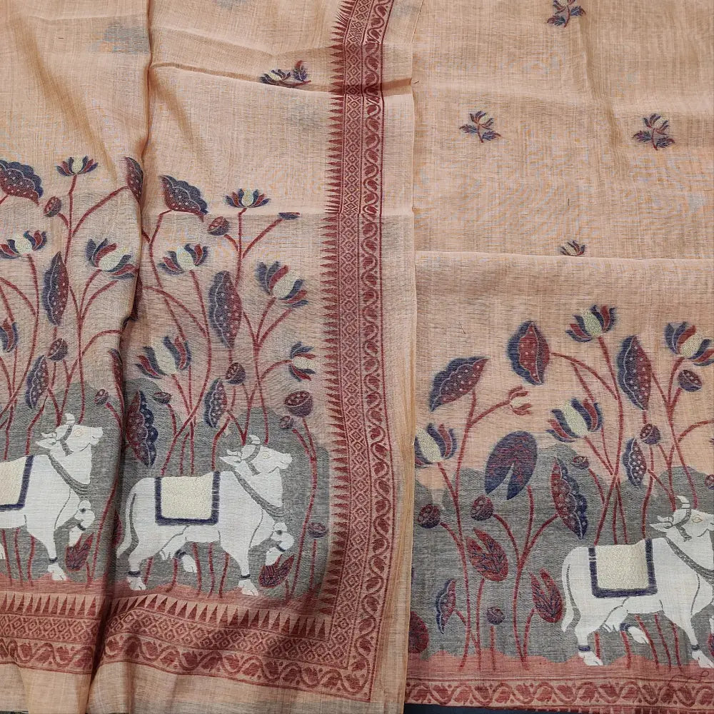 CODE FB250304: Pastel peach jamdani woven premium silk cotton unstitched salwar material(thin fabric lining