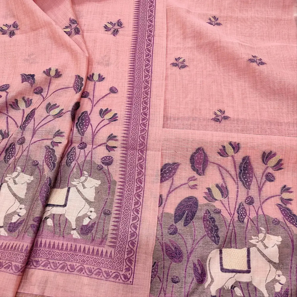CODE FB250301: Pastel pink jamdani woven premium silk cotton unstitched salwar material(thin fabric lining