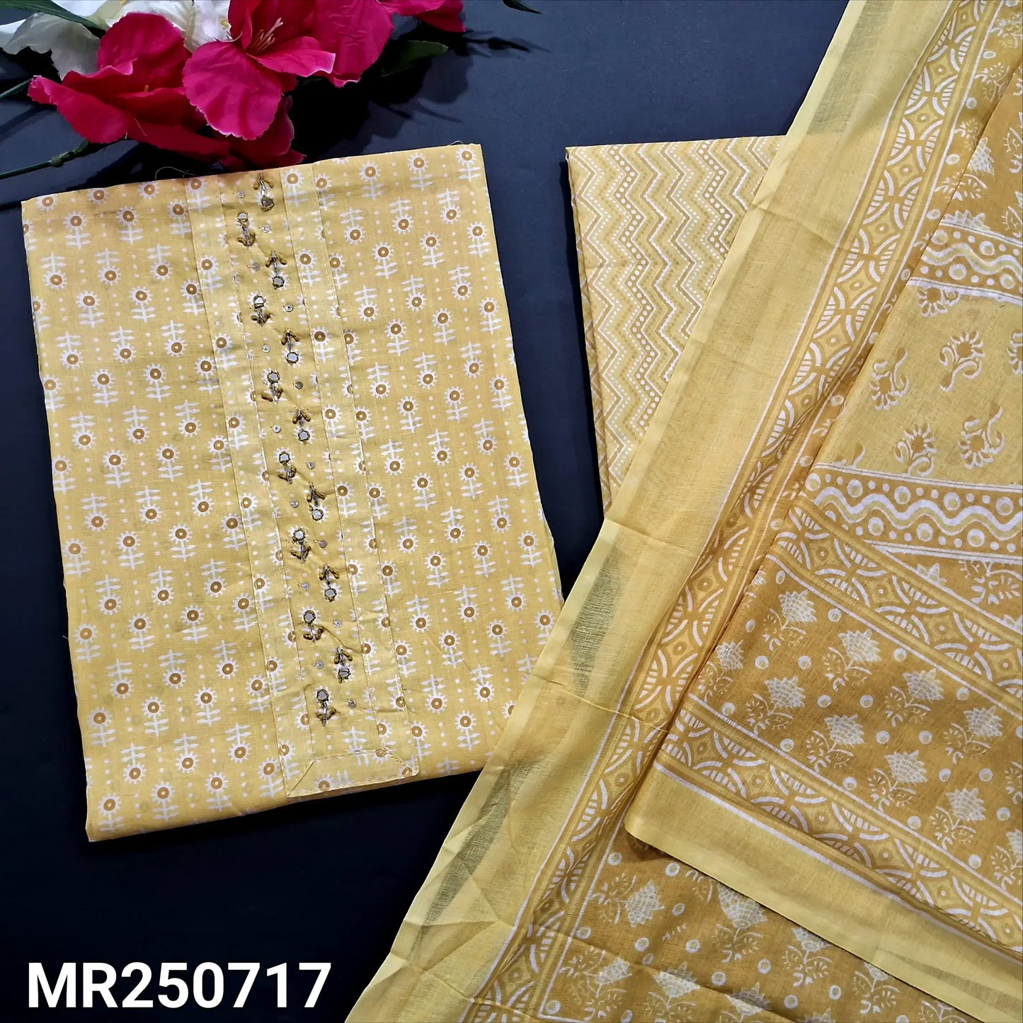Buy Pastel Yellow Printed Cotton Salwar Material – Bead & Mirror Work