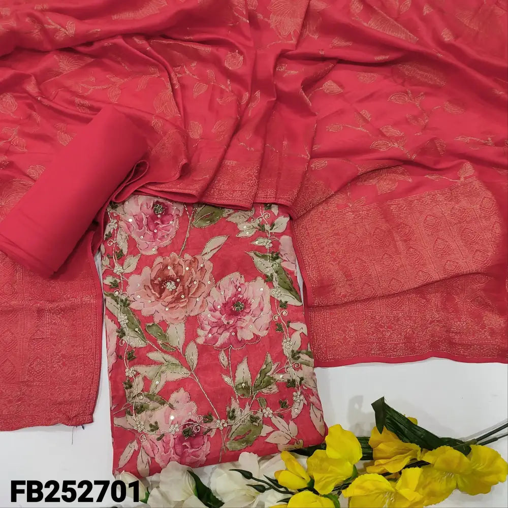 CODE FB252701: Dark peachish pink designer floral printed pure maslin silk unstitched salwar material zardozi& bead