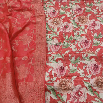 CODE FB252701: Dark peachish pink designer floral printed pure maslin silk unstitched salwar material zardozi& bead