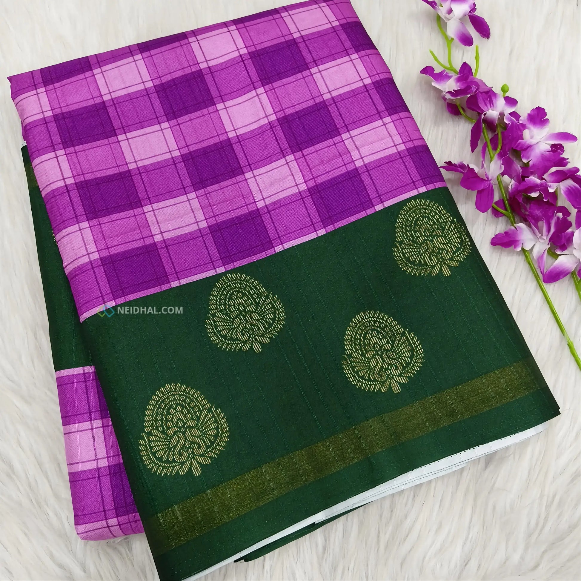Buy Purple Checked Chappa Silk Saree – Gold Tissue Borders