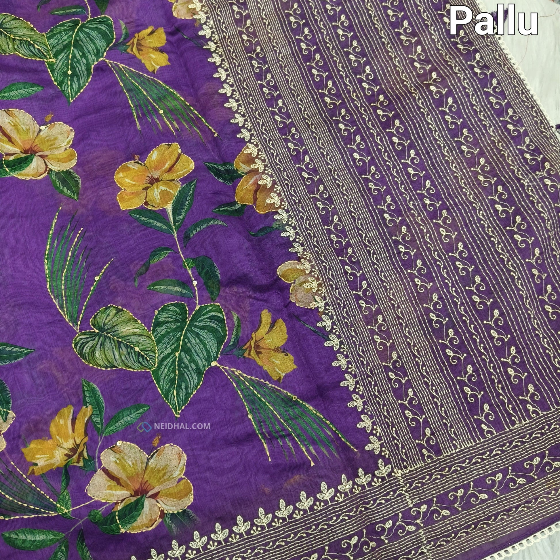Buy Purple Digital Printed Soft Silk Cotton Saree – Kantha & Sequins