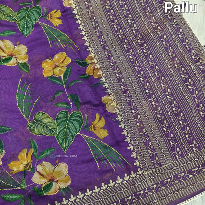 Buy Purple Digital Printed Soft Silk Cotton Saree – Kantha & Sequins