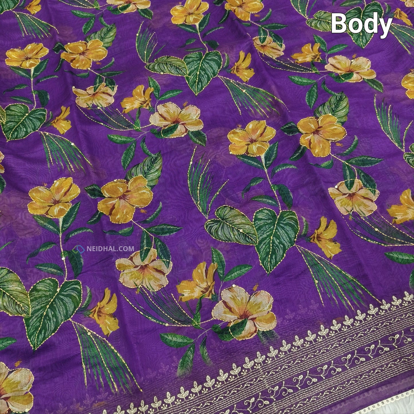 Buy Purple Digital Printed Soft Silk Cotton Saree – Kantha & Sequins