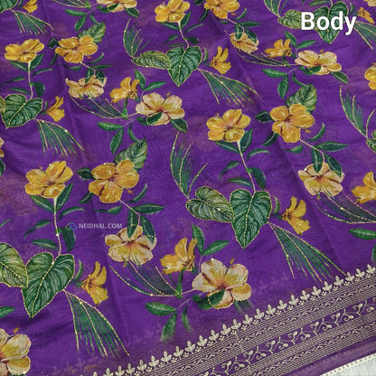 Buy Purple Digital Printed Soft Silk Cotton Saree – Kantha & Sequins