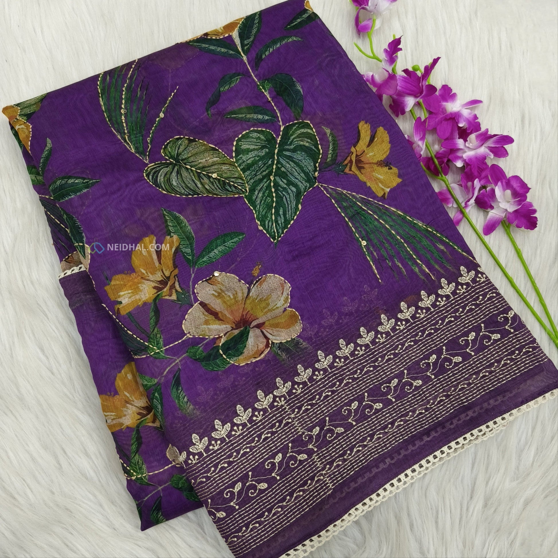 Buy Purple Digital Printed Soft Silk Cotton Saree – Kantha & Sequins
