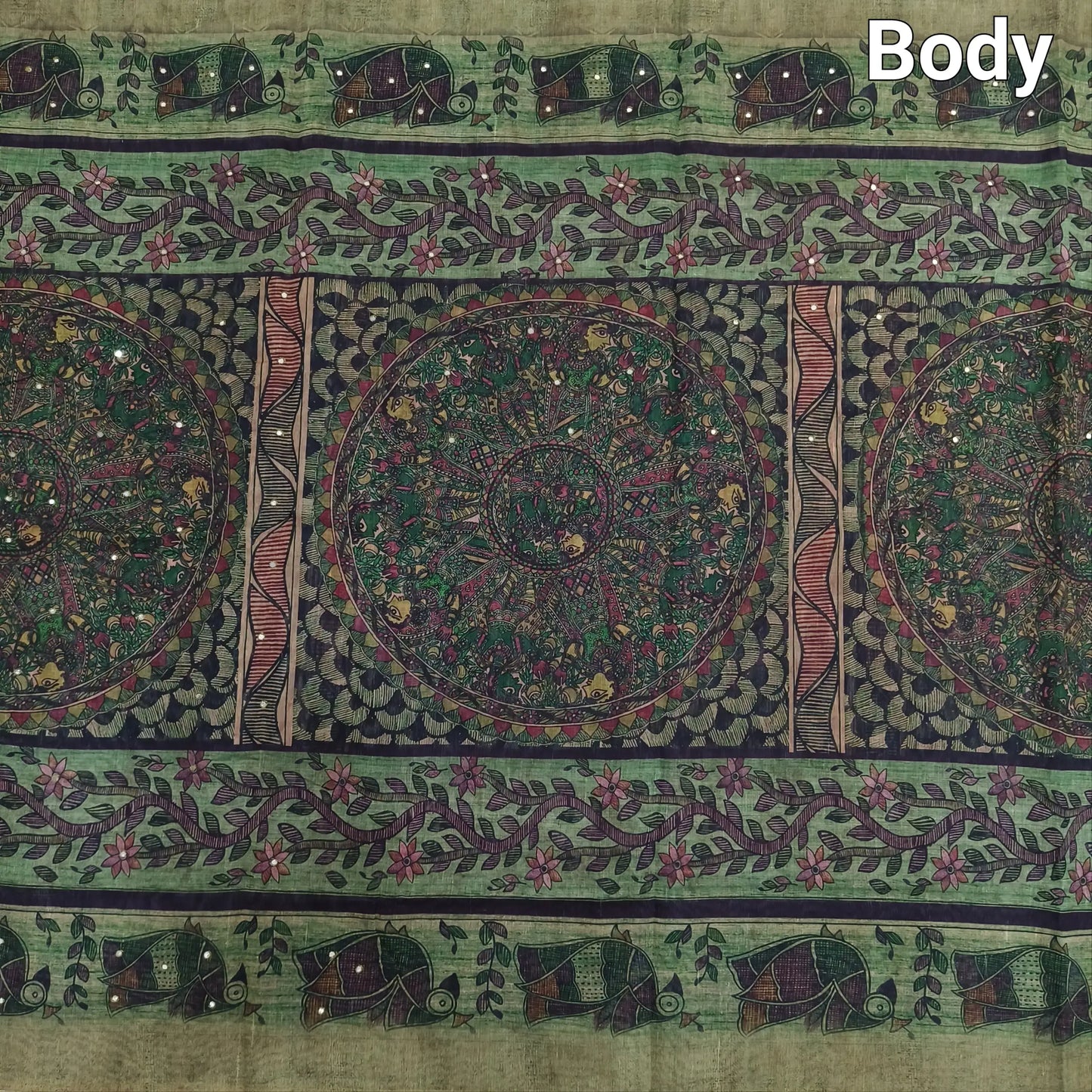 Buy Sage Green Madhubani Printed Slub Silk Saree – Faux Mirror Work