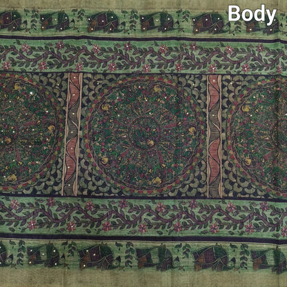 Buy Sage Green Madhubani Printed Slub Silk Saree – Faux Mirror Work