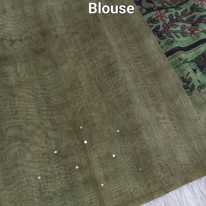 Buy Sage Green Madhubani Printed Slub Silk Saree – Faux Mirror Work