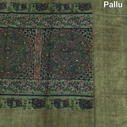 Buy Sage Green Madhubani Printed Slub Silk Saree – Faux Mirror Work