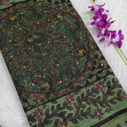 Buy Sage Green Madhubani Printed Slub Silk Saree – Faux Mirror Work