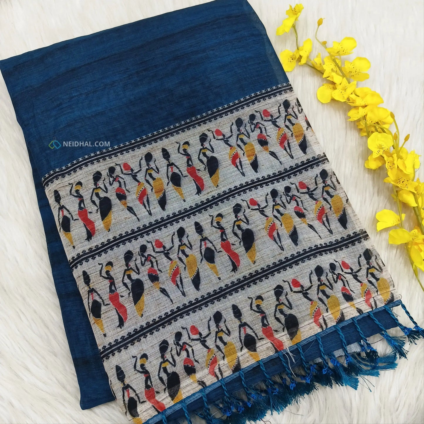 Teal blue semi linen saree ns83-Neidhal