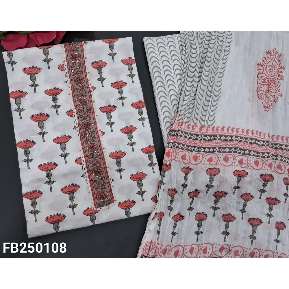CODE FB250108: White base pure soft cotton unstitched salwar material thread& sequins work on yoke floral printed all