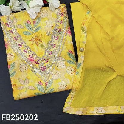 CODE FB250202: Yellow printed soft silk cotton unstitched salwar material v neck with zari& sequins work(thin fabric