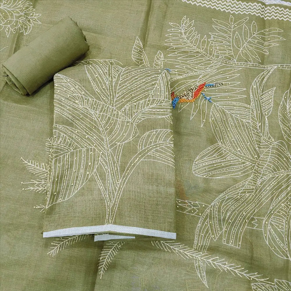 cardamom green salwar material fabric with linen dupatta