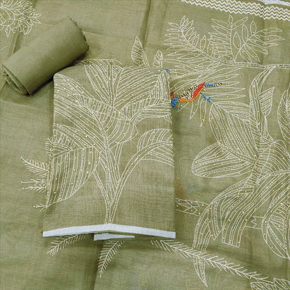 cardamom green salwar material fabric with linen dupatta