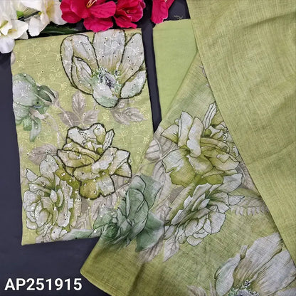 Cardamom green schiffli embroidered semi linen salwar material ap251915-Neidhal