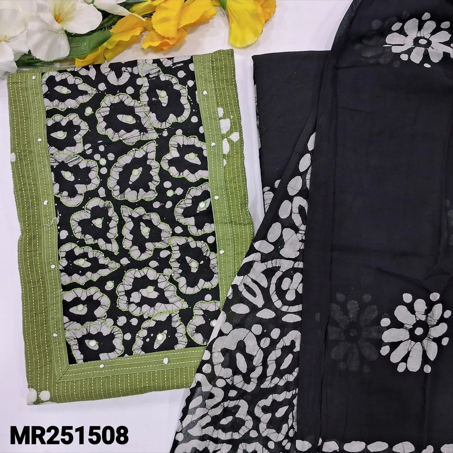 Cardamom green wax batik kantha cotton salwar material mr251508-Neidhal