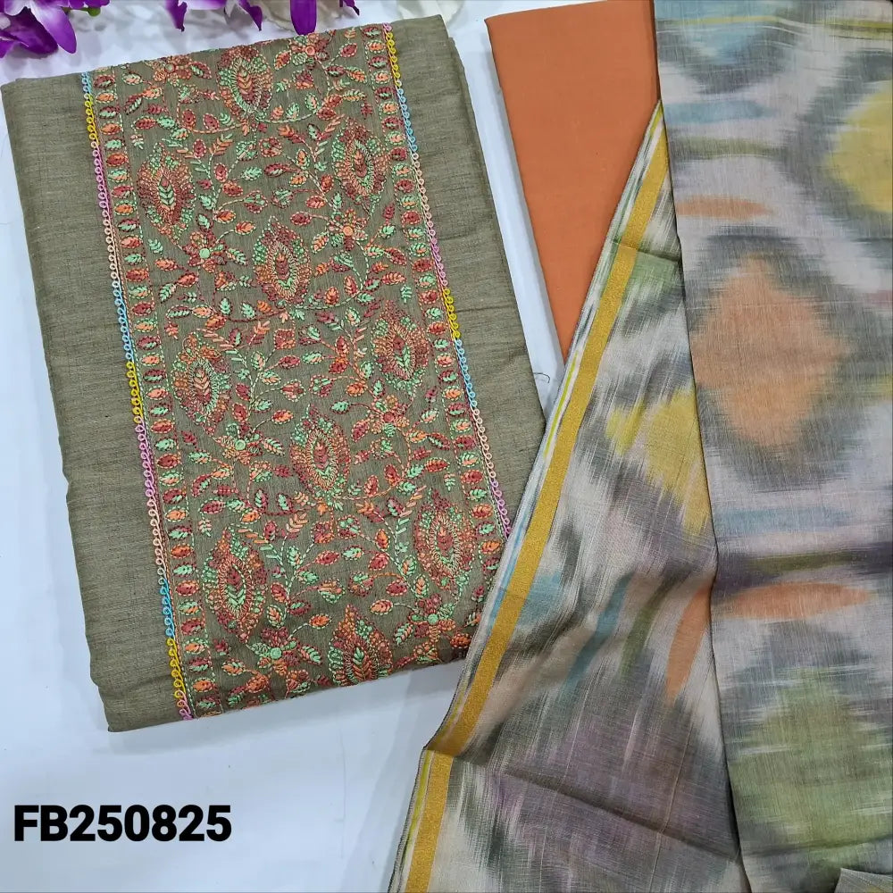 CODE FB250825: Cement green spun silk cotton unstitched salwar material embroidered on yoke(thin fabric lining