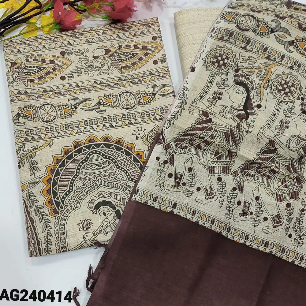 CODE AG240414: Beige bagalpuri jute silk cotton unstitched salwar material,madhubani hand block printed all over,beige