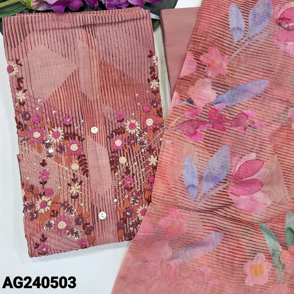 CODE AG240503: Pastel pink designer abstract printed silk cotton unstitched salwar material rich hand work