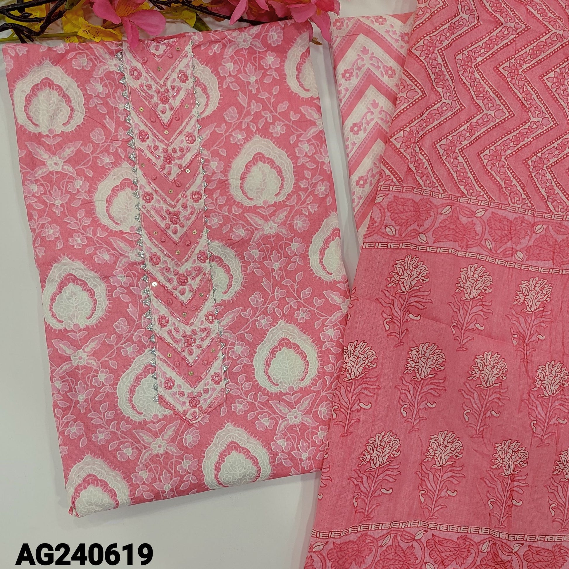 CODE AG240619: Pink printed pure cotton unstitched salwar material bead sequins &lace work on yoke(thin fabric lining